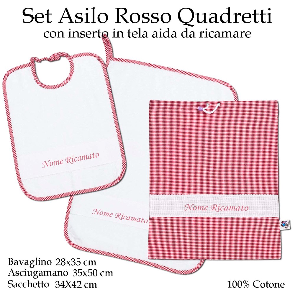 SET Asilo TRIS Sacco e ASCIUGAMANO e bavaglino A QUADRETTI Personalizzato e  RICAMATO Colore Arancio