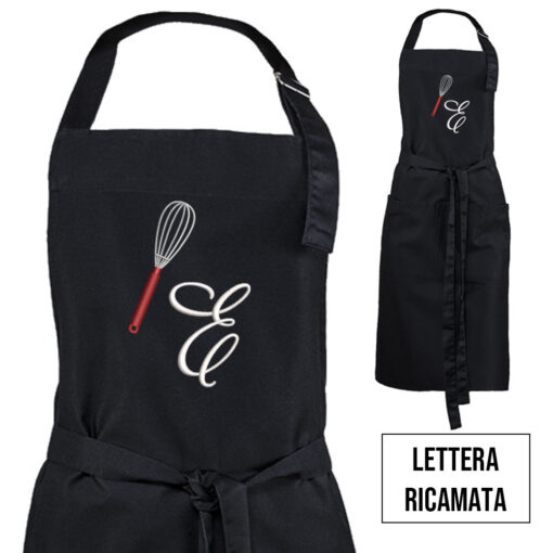 grembiule personalizzato con iniziale E e grafica decorativa
