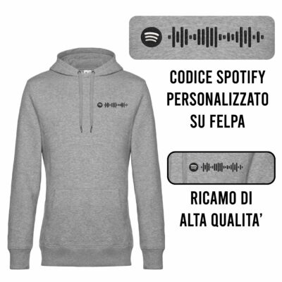 Felpa codice spotify ricamato personalizzato grigia con cappuccio