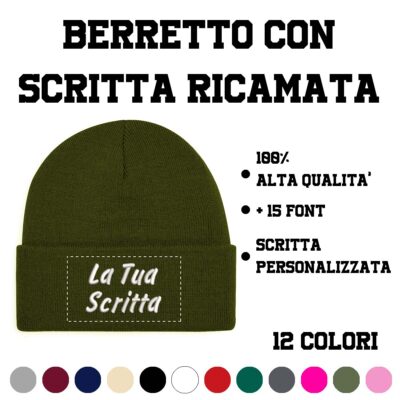Berretto invernale scritta ricamata verde oliva
