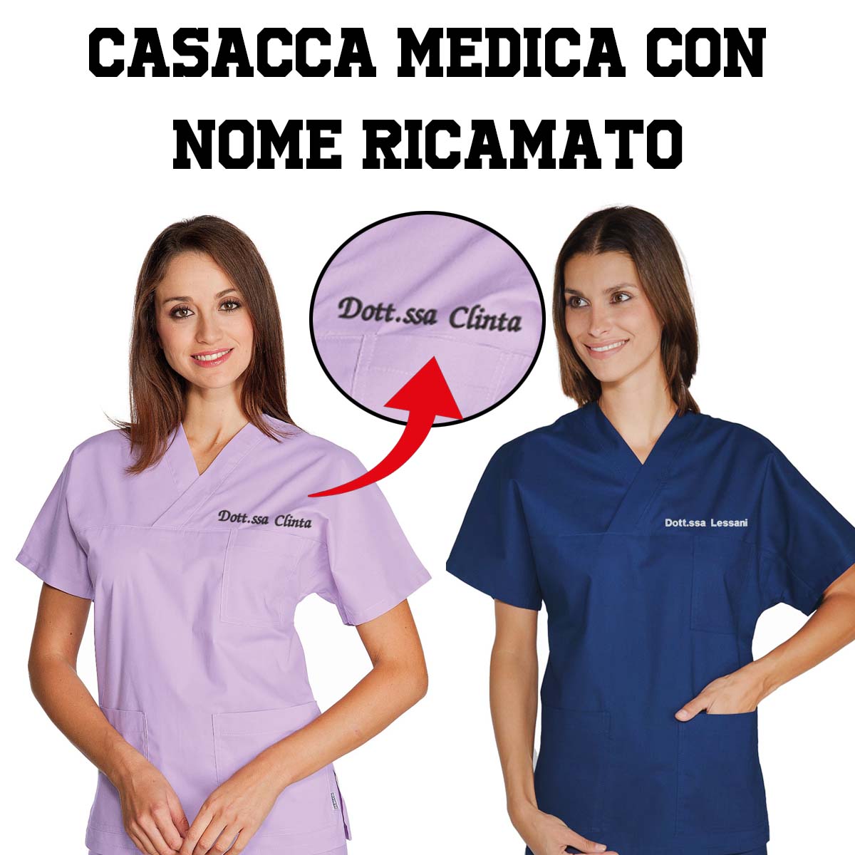 Casacca medica con nome ricamato rosa blu